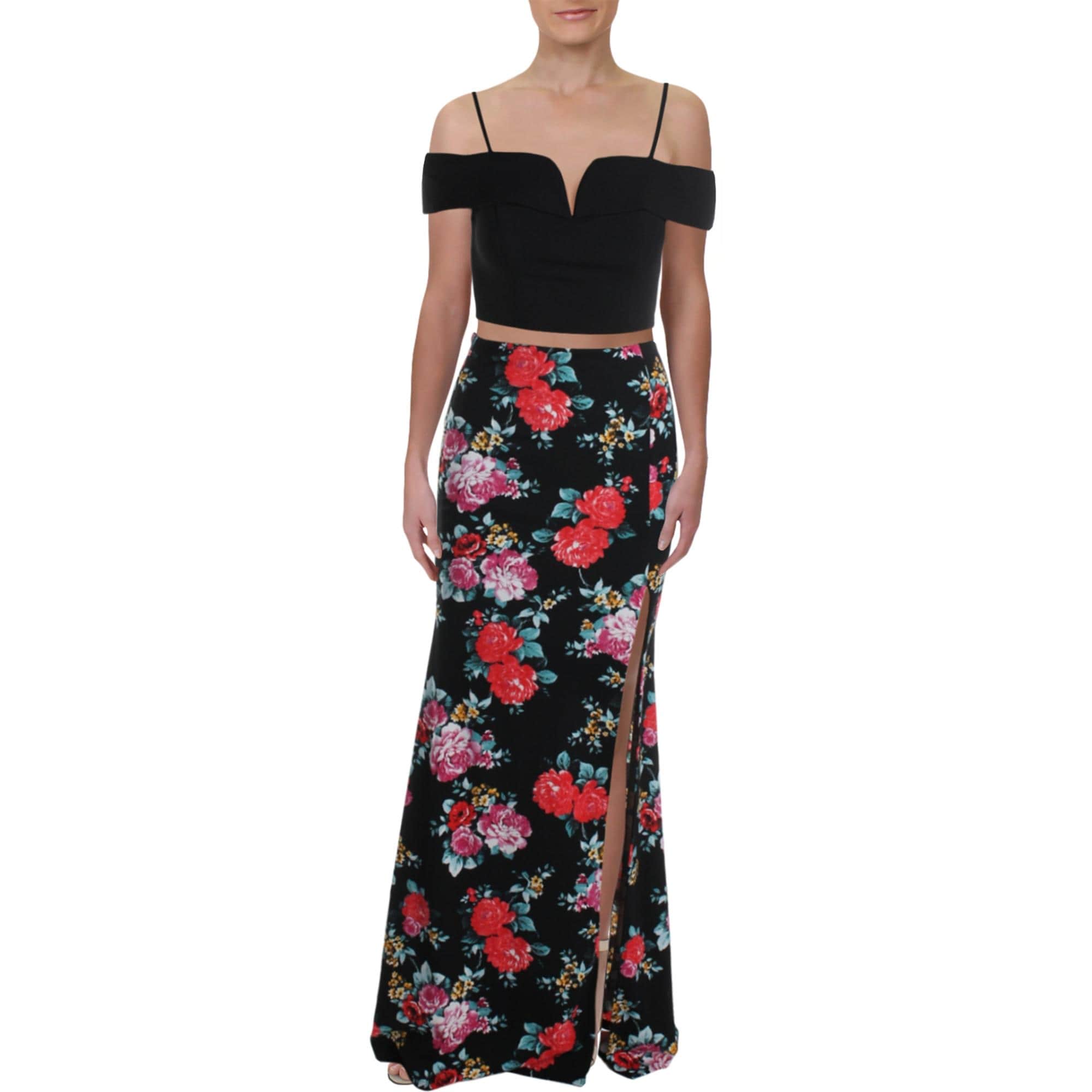 red crop top and black skirt