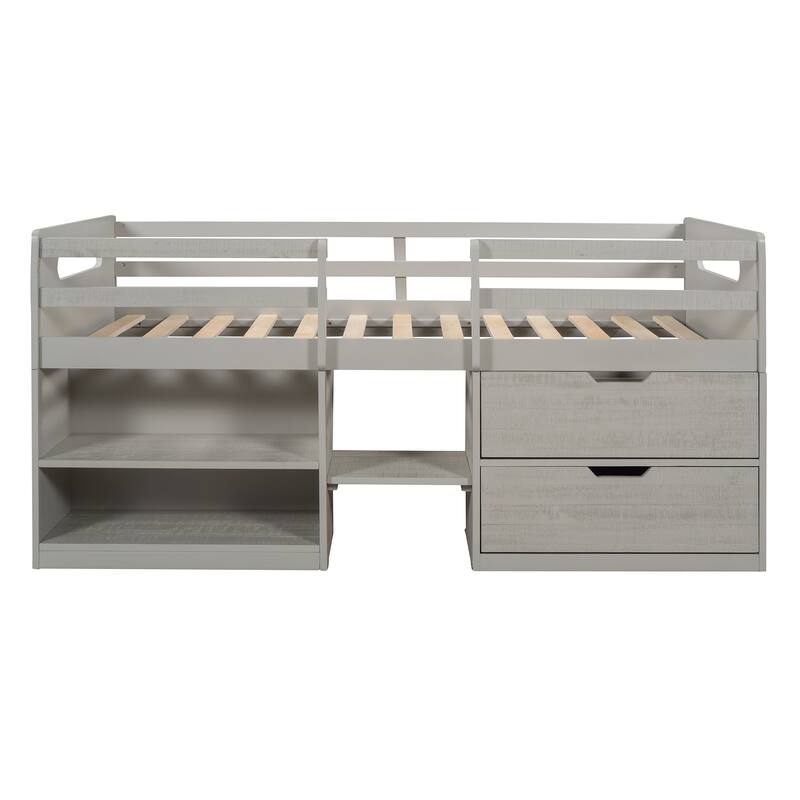 Twin Loft Bed with 2 Shelves, 2 Drawers, Pine Wood Frame, Built-in Storage, Full-Length Guardrails, Ideal for Small Bedrooms