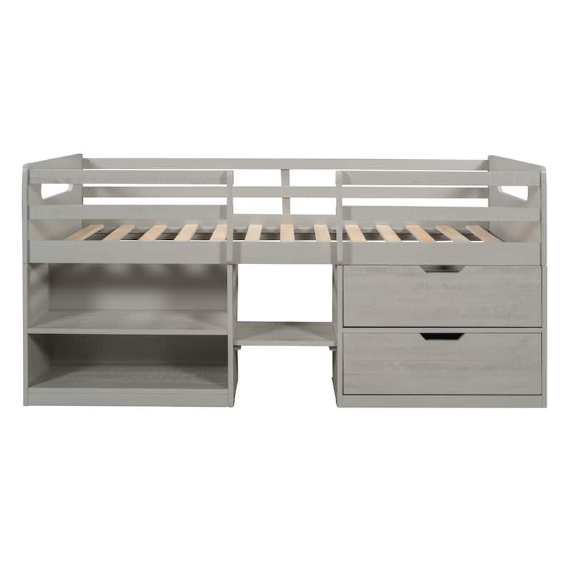 Twin size Loft Bed with Two Shelves and Two drawers (Antique Espresso)