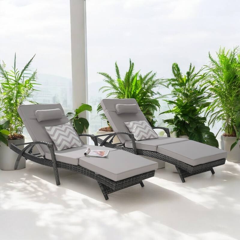 Outdoor Wicker Reclining Lounge Chairs Set of 2 with Cushions – Adjustable, Lawn Chairs for Patio, Poolside, and Garden - Light Gray