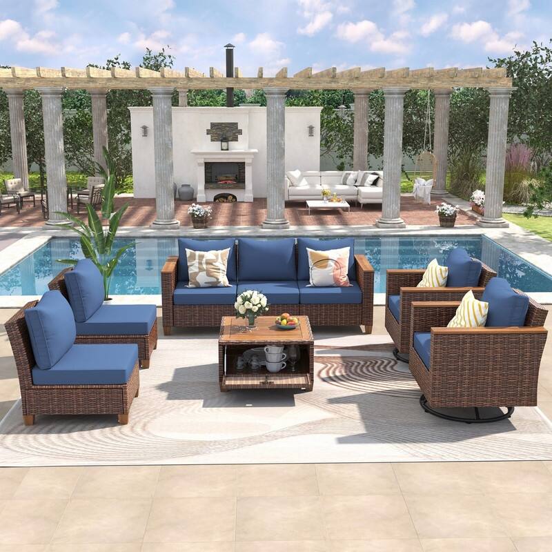 8-Piece Wicker Outdoor Conversation Set with Swivel Rocking Chairs and Acacia Wood Storage Table - Brown/Blue