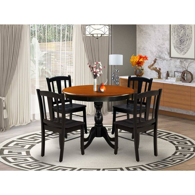 HomeStock 5-Piece Round Black and Cherry Finish Solid Wood Top Dining table with 4 Chairs with Slat Back