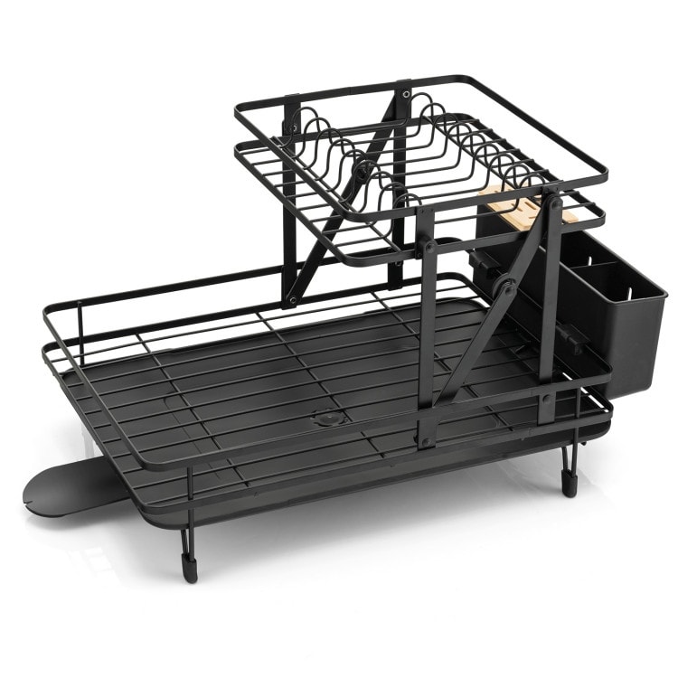 2-Tier Collapsible Dish Rack with Removable Drip Tray - 19.3-22 x 12.2 x 11.8(L x W x H) - Black