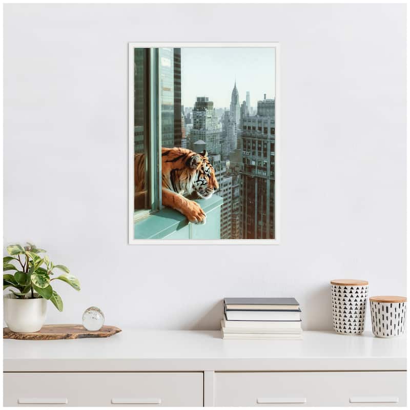 Kate and Laurel Sylvie Urban Tiger Overlooking Manhattan Framed Canvas by Michael Schauer