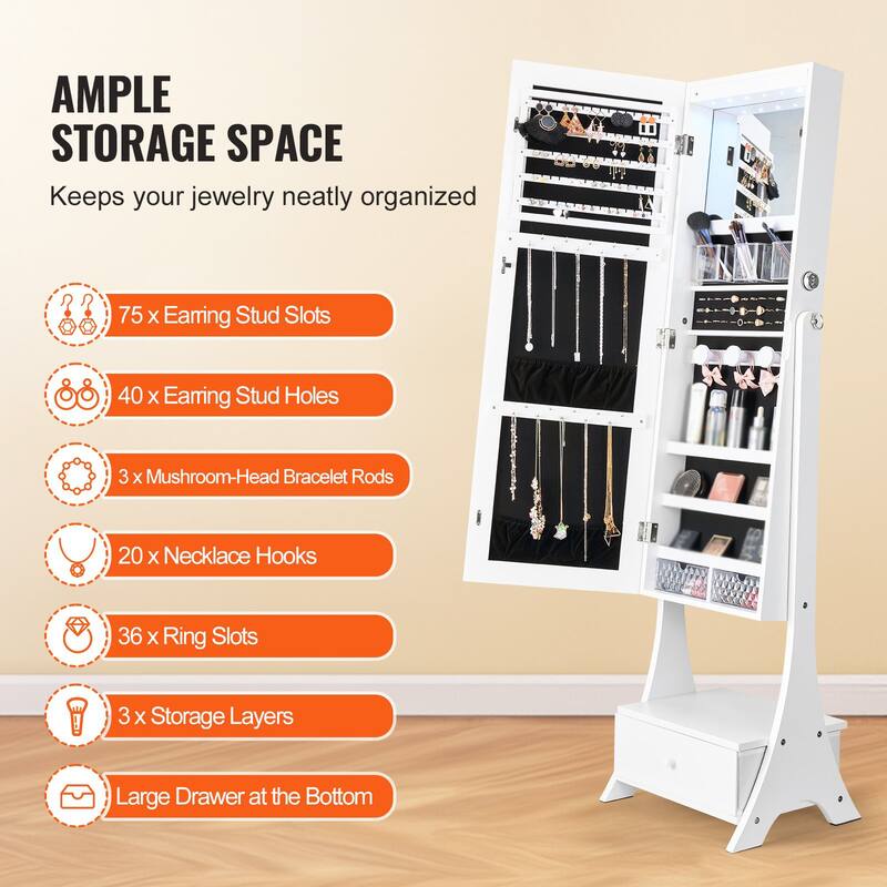 Full-Length Standing Mirror with Lockable Jewelry Cabinet Velvet Lining and Rotating Earring Holder