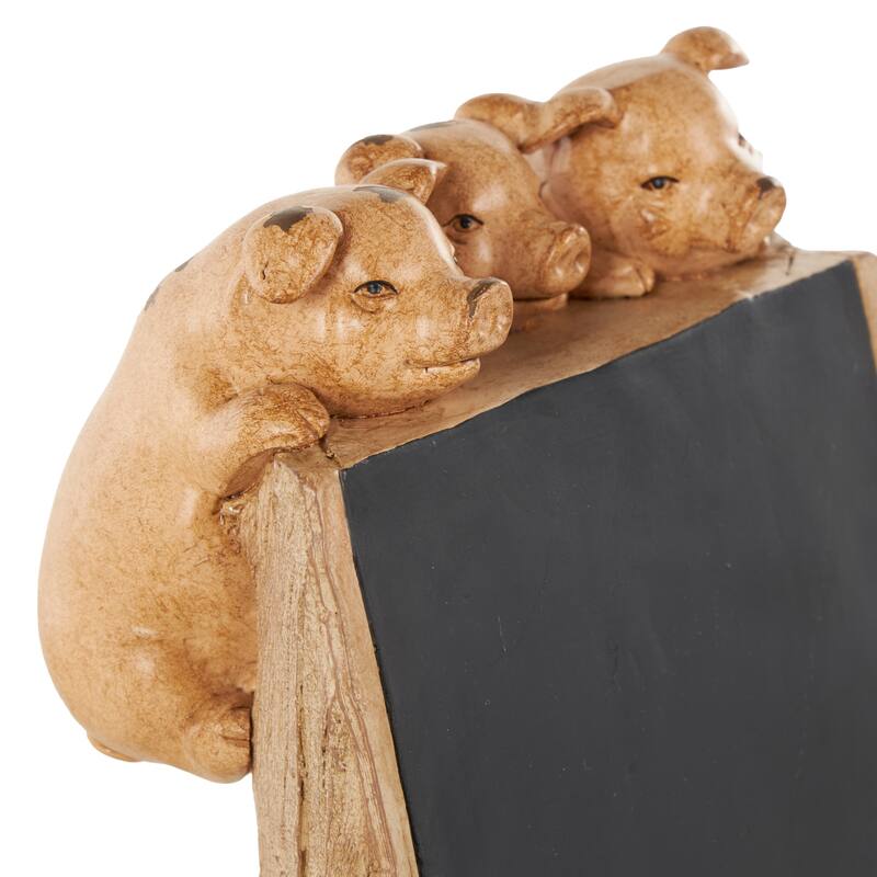 Black Polystone Chalkboard Pig Decorative Sign with Brown Tree Trunk Frame