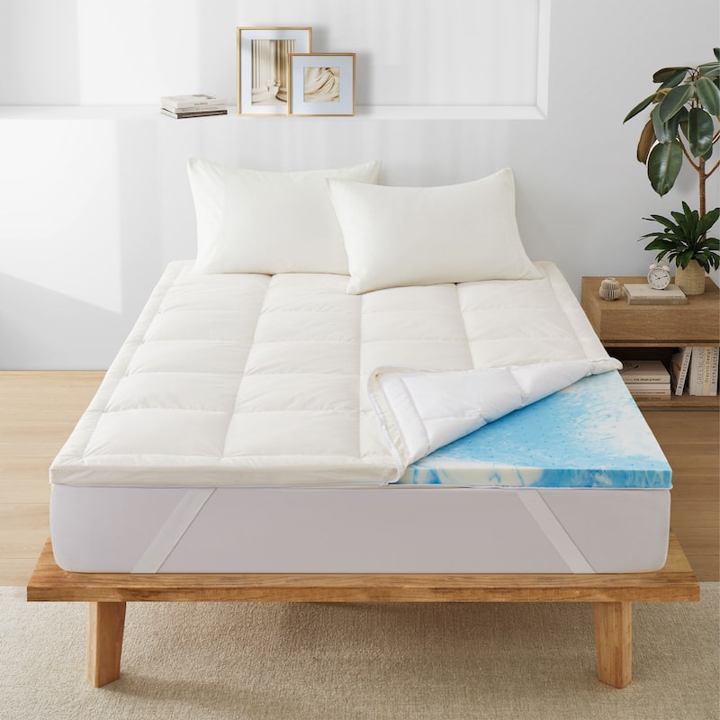 White Goose Feather Bed Fitted Mattress Topper with 100% Organic Cotton Cover - Twin - Hybrid - 2.5 Inch (Enhanced Support)