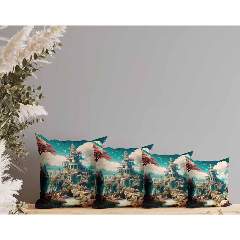 Wonderland Whispers Indoor/Outdoor Reversible Throw Pillow Cyan and Pink