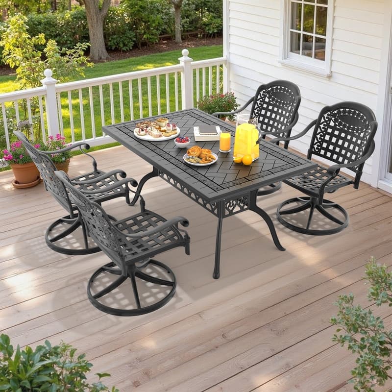 5-Piece Aluminum Rectangular Outdoor Patio Dining Set, 4 Cushioned Swivel Chairs, Table, All-Weather Frames