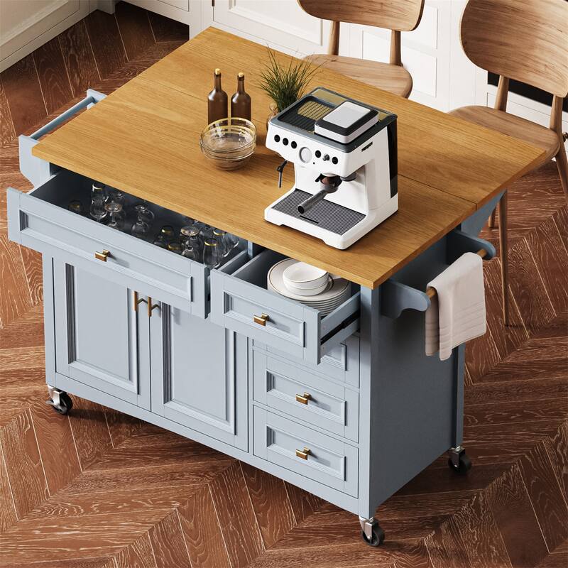 52" Rolling Kitchen Island with Drop Leaf,Spice Rack,Adjustable Shelf