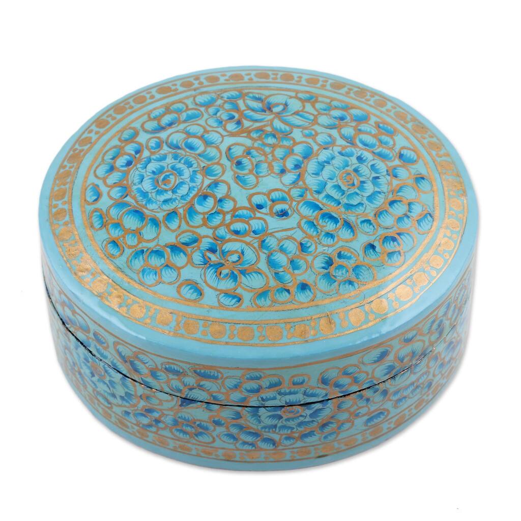 Novica Handmade Blue Blossoms Papier Mache And Wood Decorative Box