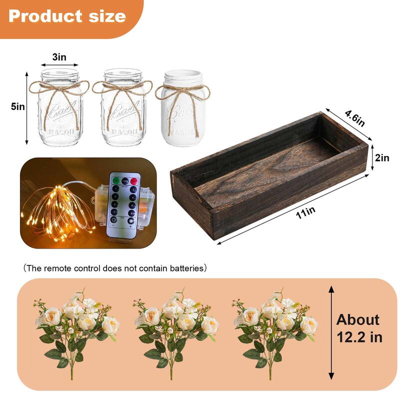 3 Pack Mason Jar Centerpiece with LED Lights & Wooden Tray, Farmhouse Floral Centerpieces for Dining Table, Coffee Table