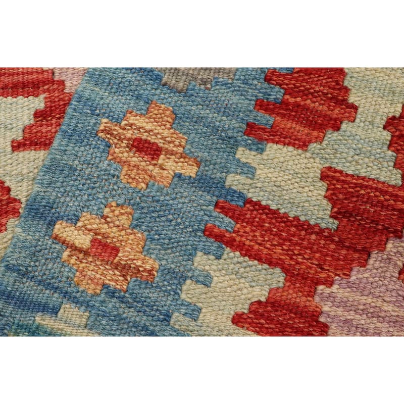 Retro Turkish Kilim Kelvin Red Blue Hand-Woven Wool Rug - 2'2'' x 2'5''