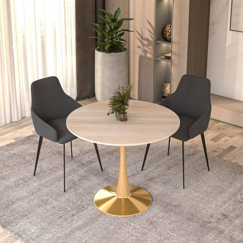 Bristol Round Dining Table 35 in. Sintered Stone Tabletop & Brushed Gold Stainless Steel Pedestal Base