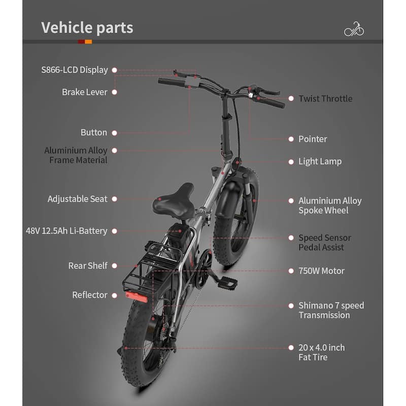 AOSTIRMOTOR Folding Electric Bike Ebike Bicycle 750W Motor 20" Fat Tire With 48V/12.5Ah Li-Battery Beach Snow Bicycle A30