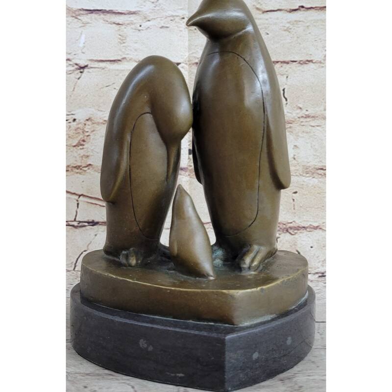 Penguin Family On Heart Shaped Marble Base Bronze Statue Figure Sculpture 8 Inches X 6 Inches