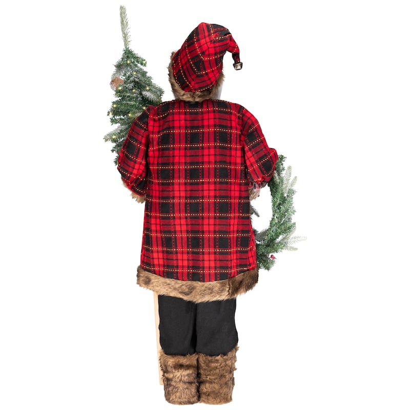 Plaid Standing Santa with Wreath & Alpine Tree Christmas Figure - 4'
