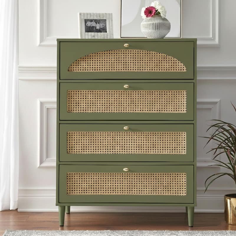 Lifestorey Taylor 4-Drawer Chest with Natural Cane - Olive Green