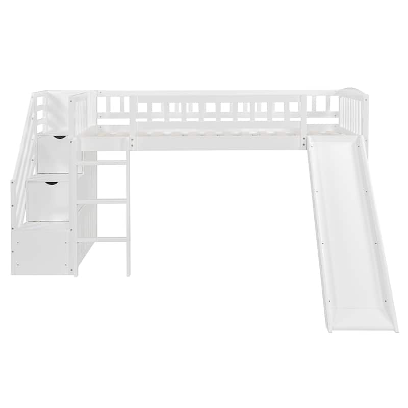 All-in-one Loft Bed Built-in Ladder Wood Frame Loft Bed with Slide, 2 Drawers, Storage Stairs & Underbed Activity Space for Kids