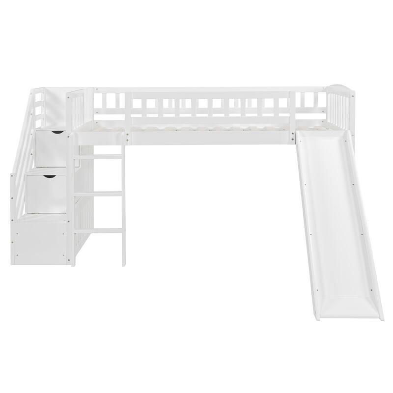 Twin Size Loft Bed with Slide, Storage Staircase and Safety Guardrails