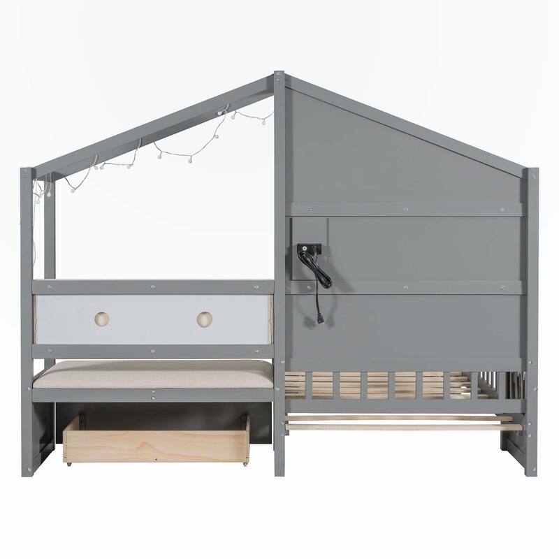 Twin Size House Bed with Upholstered Sofa