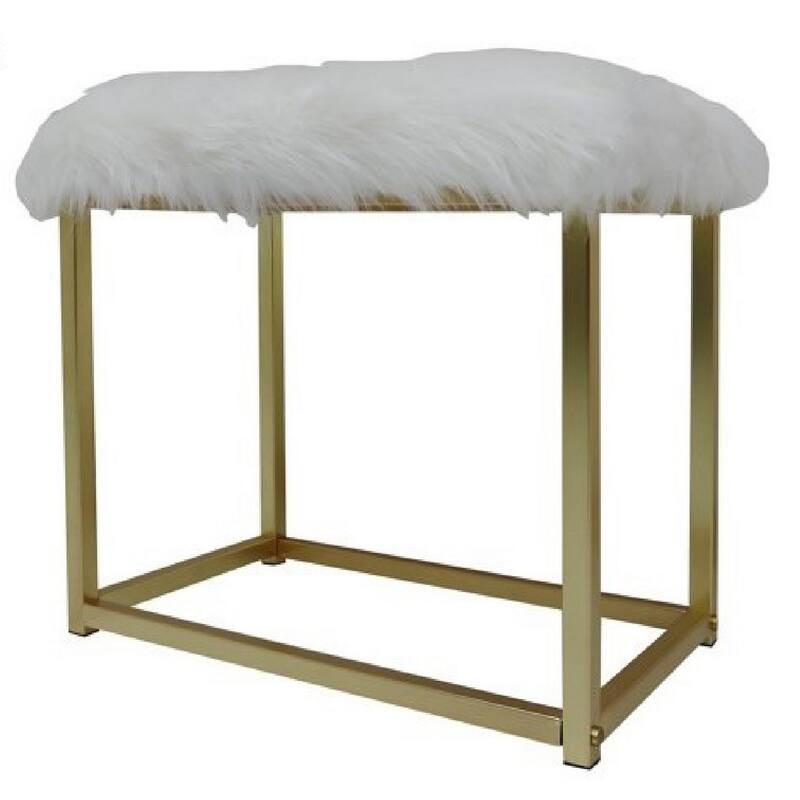 Rose Round Vanity Mirror with Stool, Faux Fur Seat, Brass, Black