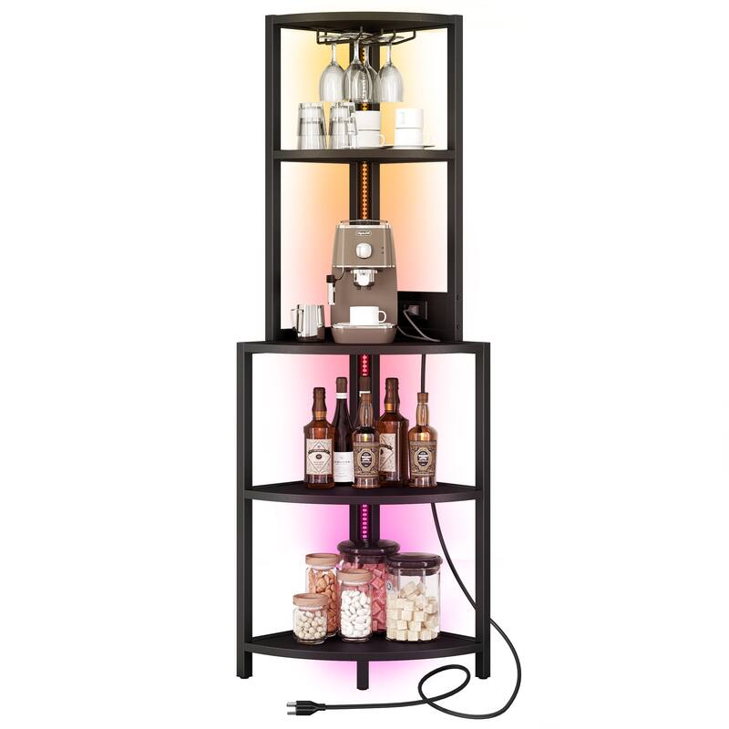 Wood 5 Tier Corner Bar Rack Shelf with Power Outlets LED Lights Glass