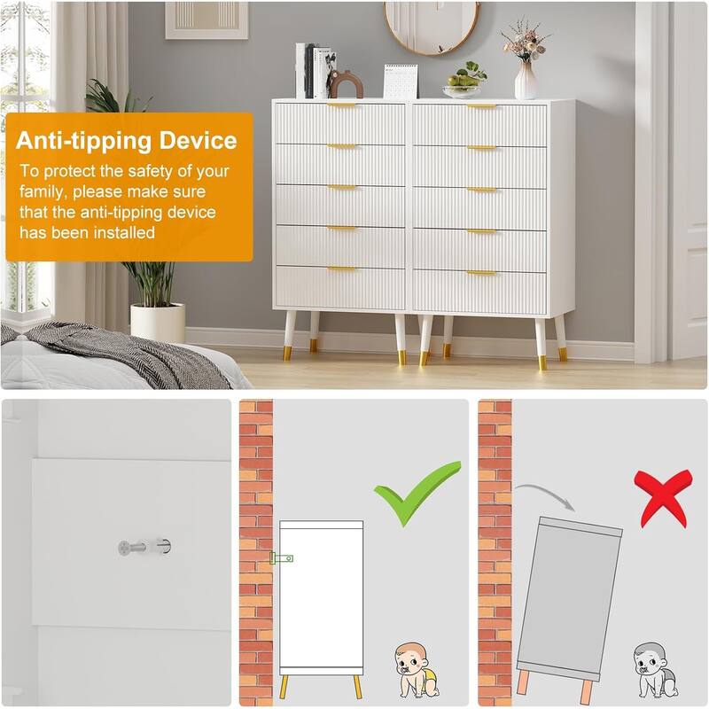 5-Drawer Wood Dresser Chest for Bedroom, Storage Cabinet Organizer, Set of 2