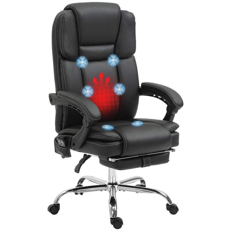 PU Leather Massage Office Reclining Chair with 6 Vibration Points, Heated, Adjustable Height, Footrest - Black
