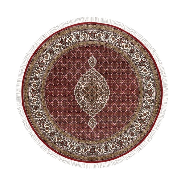 Shahbanu Rugs Wool And Silk Fish Medallion Design Tabriz Mahi Red Hand Knotted Oriental Round Rug (6'6" x 6'7") - 6'6" x 6'7". Opens flyout.