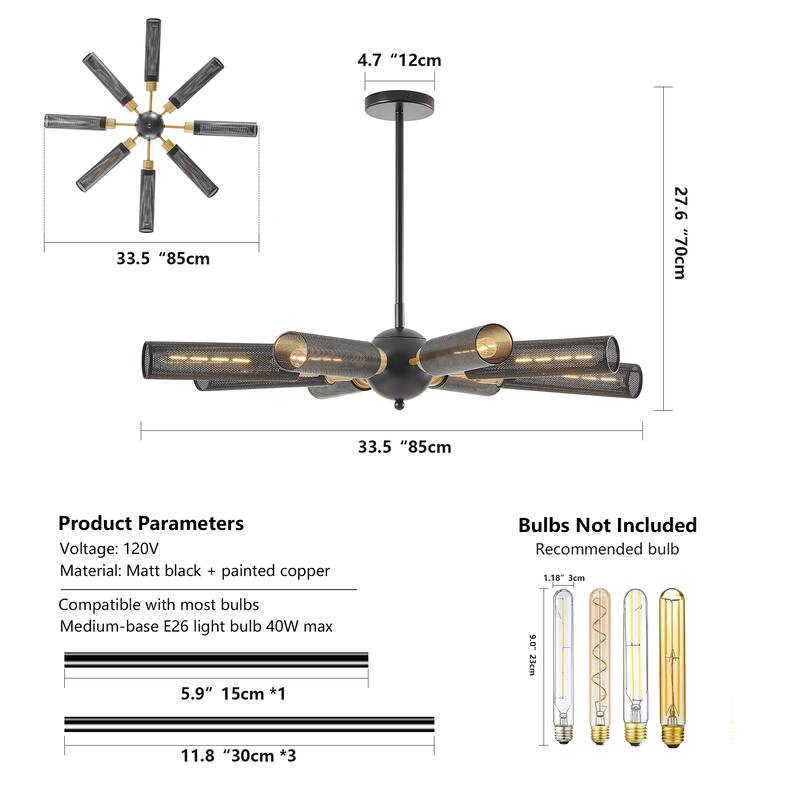 Modern Industrial Chandelier, 8-Light with Black and Gold Pendant Light Mesh Shades, for Dining Room, Living Room