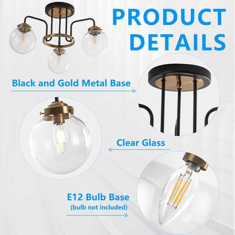 Modern 3-Light Black Gold Semi-Flush Mount Glass Ceiling Light - Matte Black