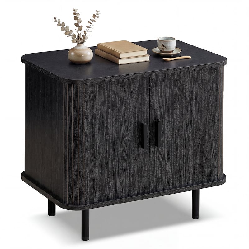 Gymax End Table Modern Mid Century Nightstand w/Sliding Tambour Doors - Black
