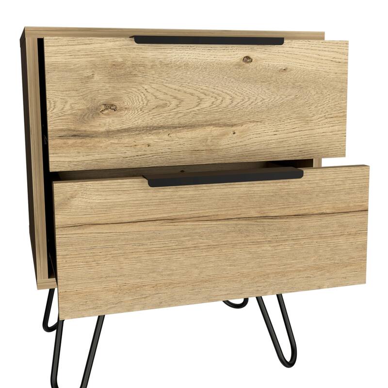 Modern Black Wengue Nightstand, 2 Drawers with Hairpin Legs, Compact and Stylish Design, 13.7"x17.71"x22.44"