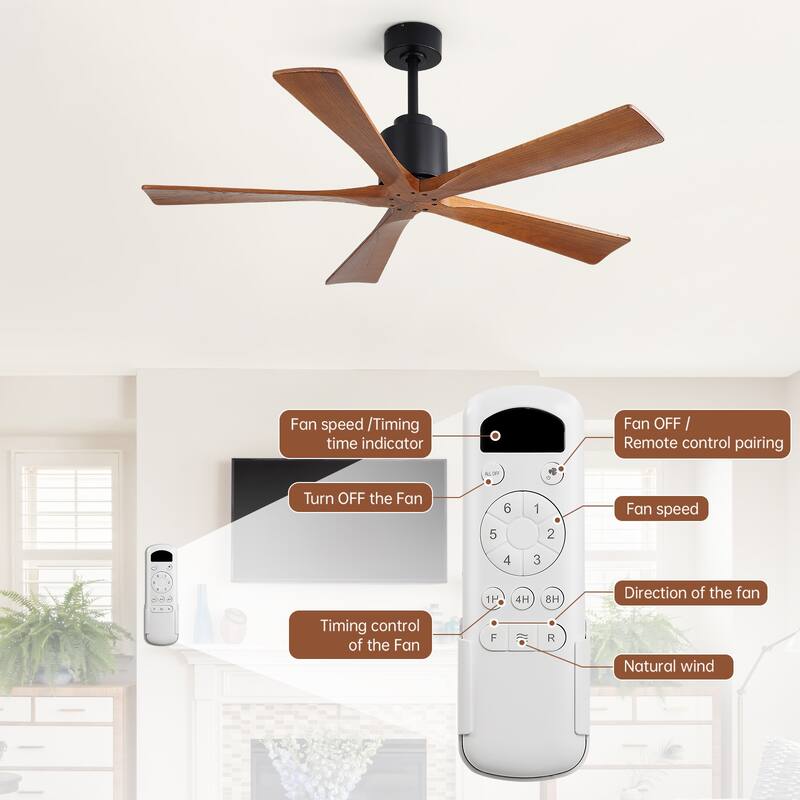 Sofucor 52Inch Solid wood Ceiling Fans with Remote,without Light 5 Blades DC Motor Mid Century Modern - 52 Inches