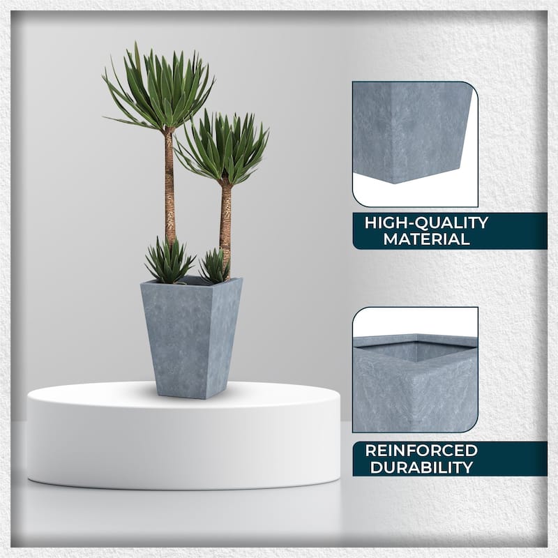 Serene Modern Square Tapered Fiberstone MGO Planter with Drainage Holes, Cover & Weather-Resistant Indoor Outdoor Plant Pot