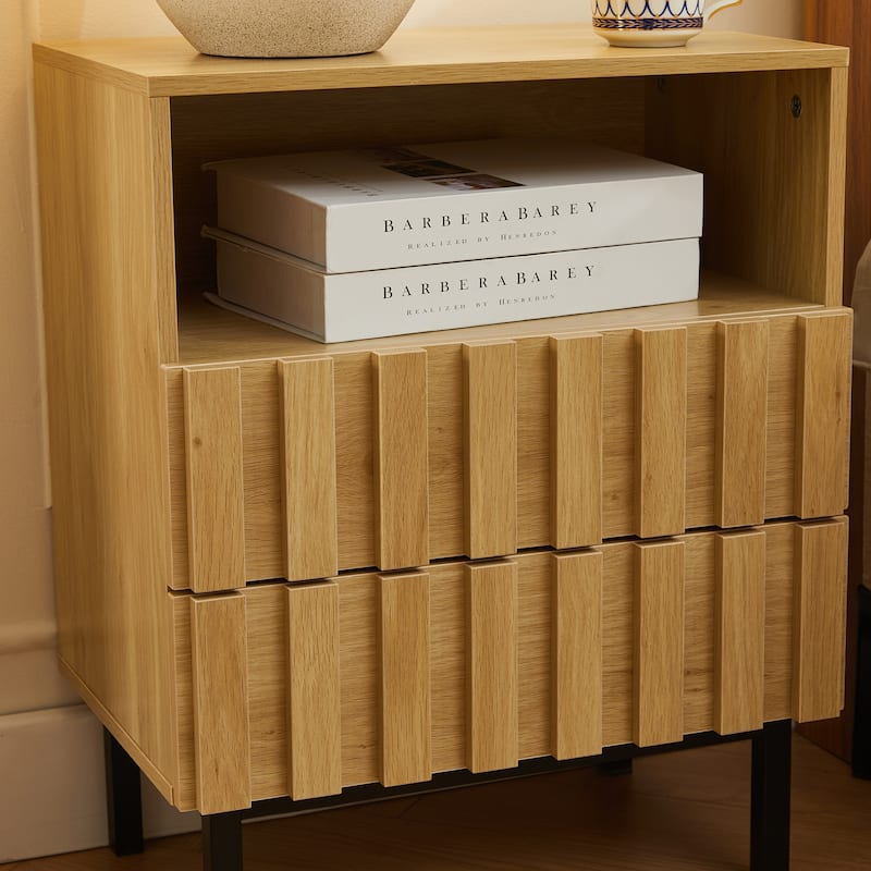 Mid Century Woodgrain Nightstand Pair 2 Drawers Bedside Table