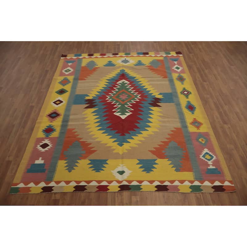 Hand Woven Oriental 100% Wool Carpet Southwestern Tribal Multi-Colored Kilim Area Rug - 9' 11'' X 8' 1''