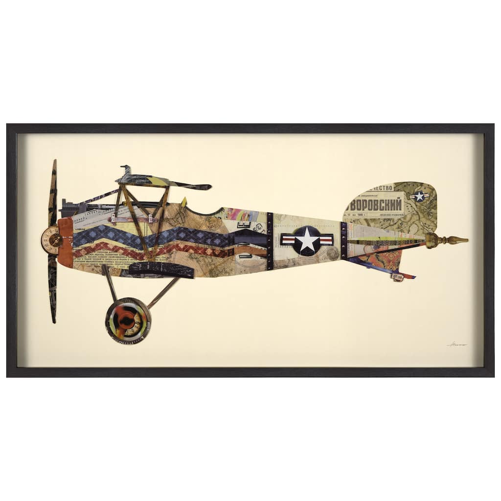 Empire Art "Antique Biplane #3" Alex Zeng's dimensional collage, under glass & a black shadow box frame