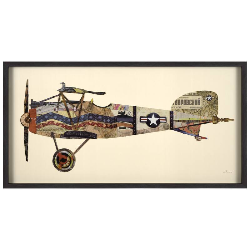 Empire Art "Antique Biplane #3" Alex Zeng's dimensional collage, under glass & a black shadow box frame