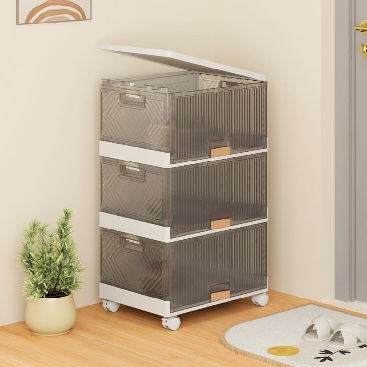 White-Brown PP and ABS Stackable Storage Bin with Wheels, Foldable Cubes