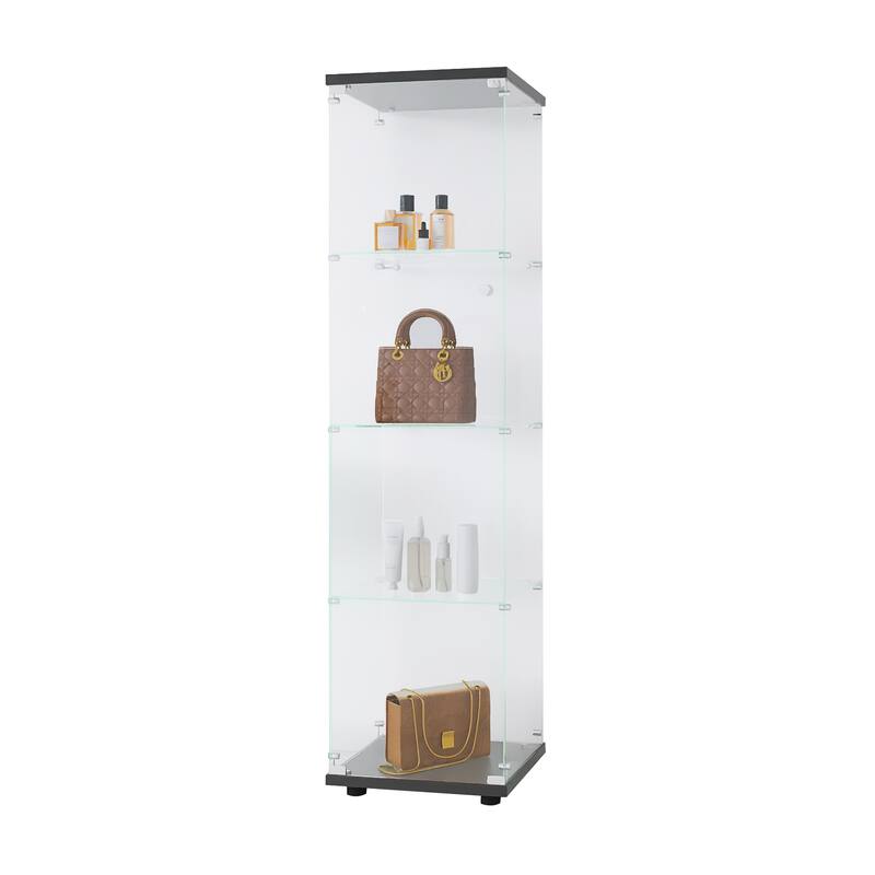4 Layer Shelves Glass Display Cabinet w/Quick-Install Floor Standing Curio Bookshelf for Living Room Study or Collection Room