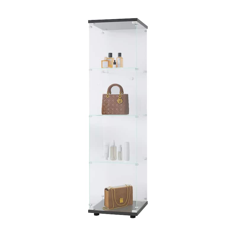 Tempered Glass Display Cabinet 4 Shelves with Door and Lock, Floor Standing Curio Bookshelf for Living Room Bedroom Office
