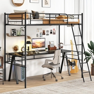 Black Metal Frame Twin Size Loft Bed with Ladder and Guardrails