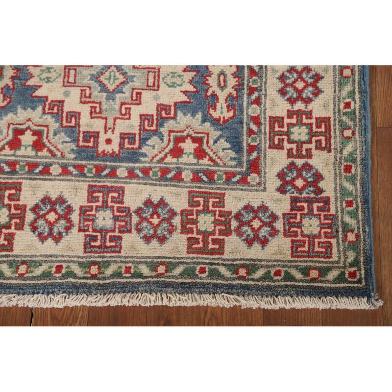Geometric Kazak Runner Rug Hand-Knotted Blue Wool Carpet - 2'6" x 12'8"