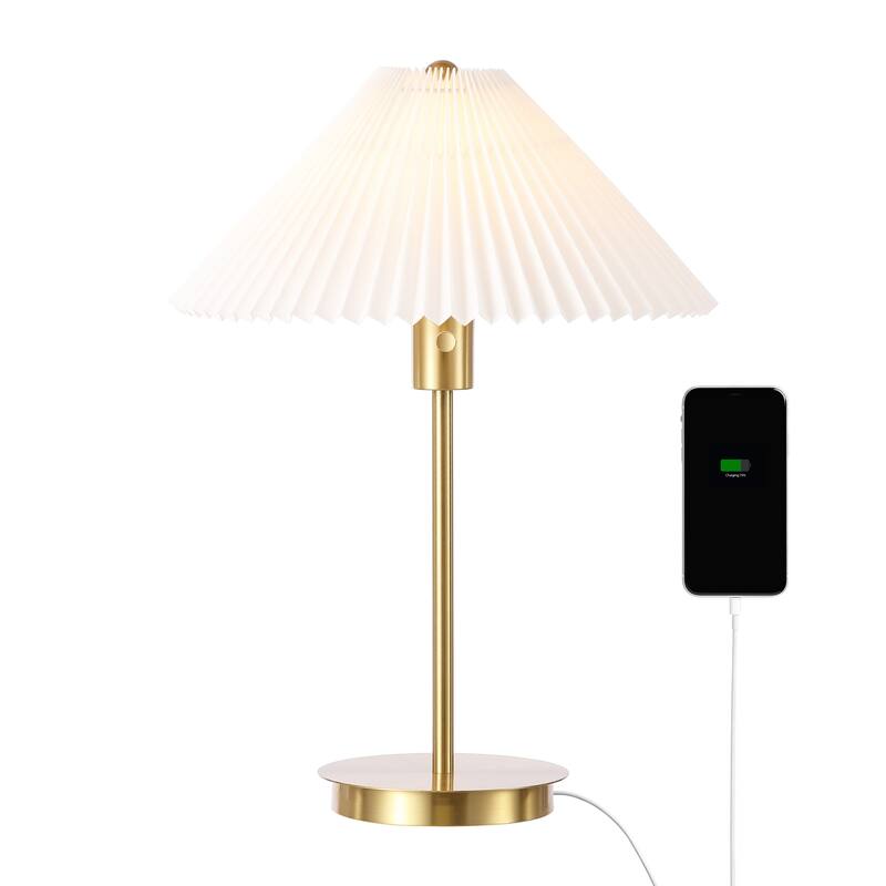 Isla 21.25" Modern Glam Metal Column LED Table Lamp with USB Charging Port and Pleated Shade, Brass Gold/White, by JONATHAN Y - Brass Gold