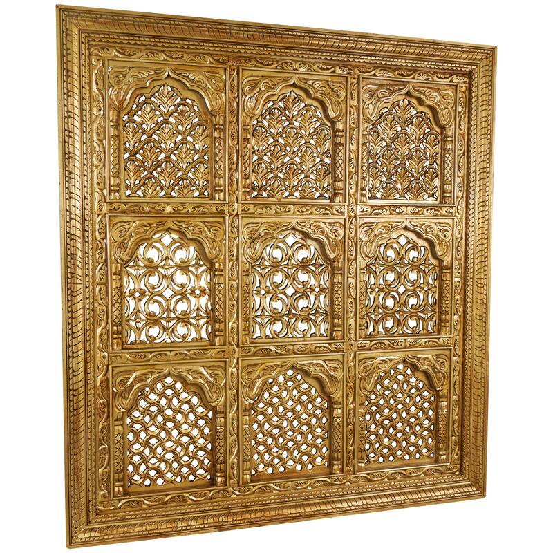 Mango Wood Scroll Handmade Intricately Carved 9 Panel Wall Decor with Engraved Details - Gold - Roche River Decor