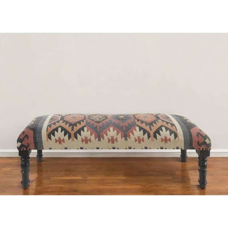 HomeRoots 47" Beige Brown and Rust and Black Jute and Wool Blend Upholstered Southwest Distressed Bench - 47 x 18 x 16