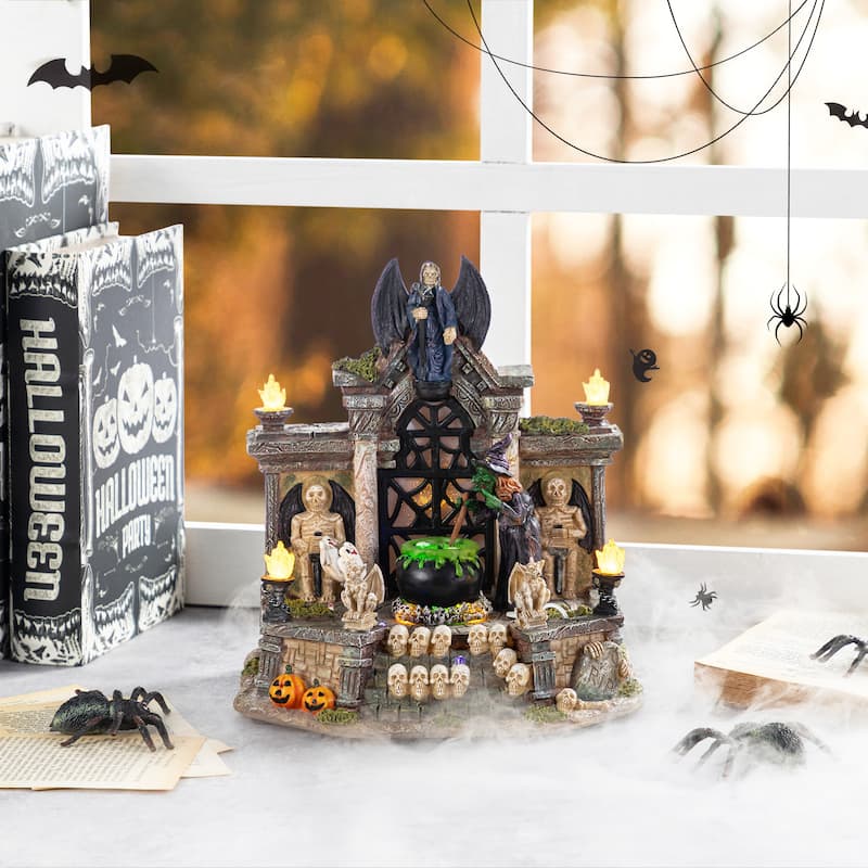 Glitzhome 9.75"H Lighted Resin Halloween Haunted House Table Village Decor