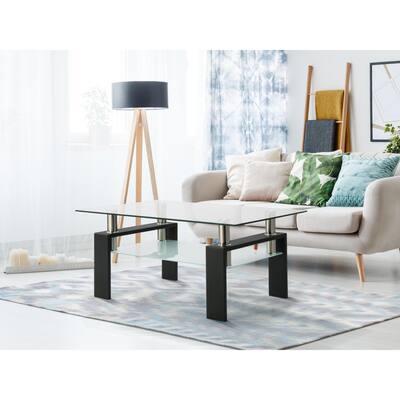 Rectangle Black Glass Coffee Table, Clear Coffee Table, Modern Side Center Tables for Living Room